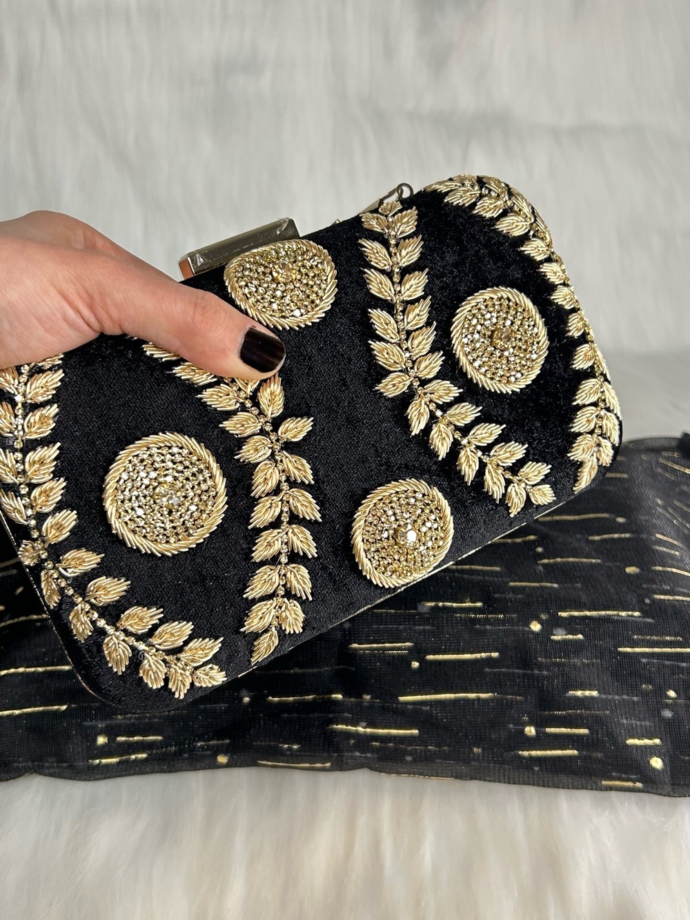 Black Velvet Clutch with Gold Embroidery With Long Chain